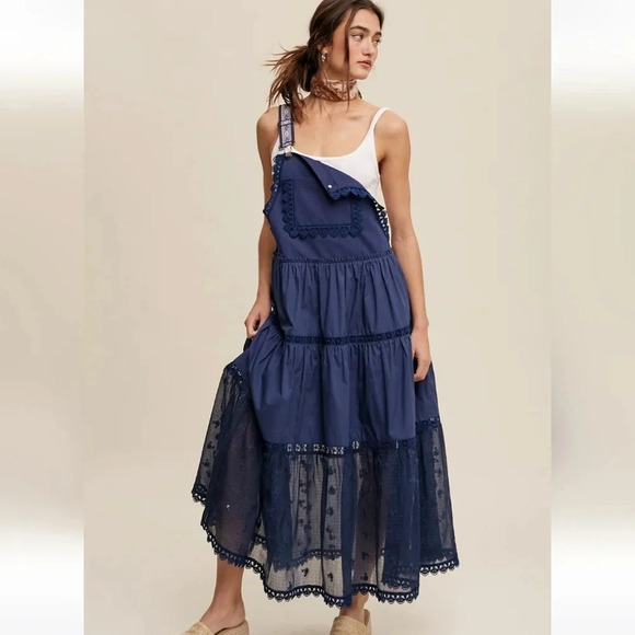New! Embroidered Skirtall Overall Jumper Midi Dress Blue - Picture 2 of 5